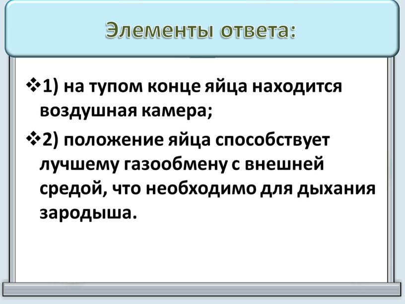 Элементы ответа: 1) на тупом конце яйца находится воздушная камера; 2) положение яйца способствует лучшему газообмену с внешней средой, что необходимо для дыхания зародыша