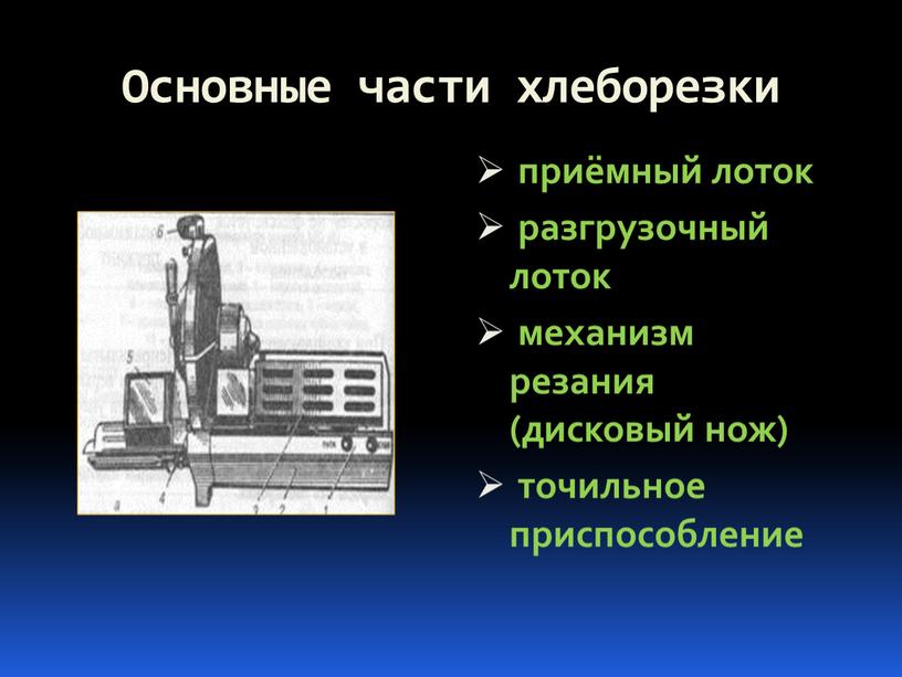 Основные части хлеборезки приёмный лоток разгрузочный лоток механизм резания (дисковый нож) точильное приспособление