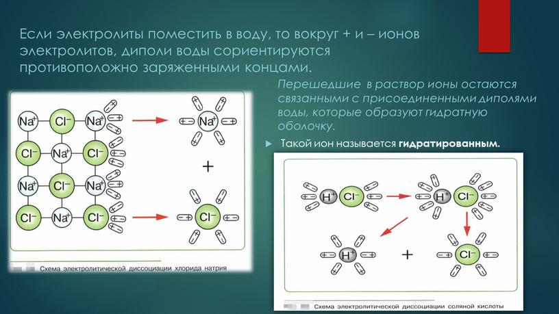 Если электролиты поместить в воду, то вокруг + и – ионов электролитов, диполи воды сориентируются противоположно заряженными концами