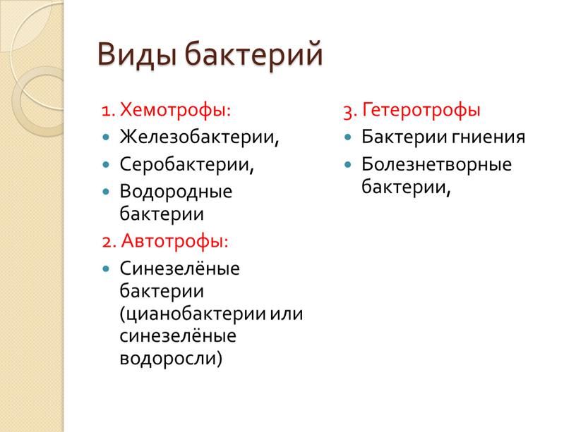 Виды бактерий 1. Хемотрофы: Железобактерии,