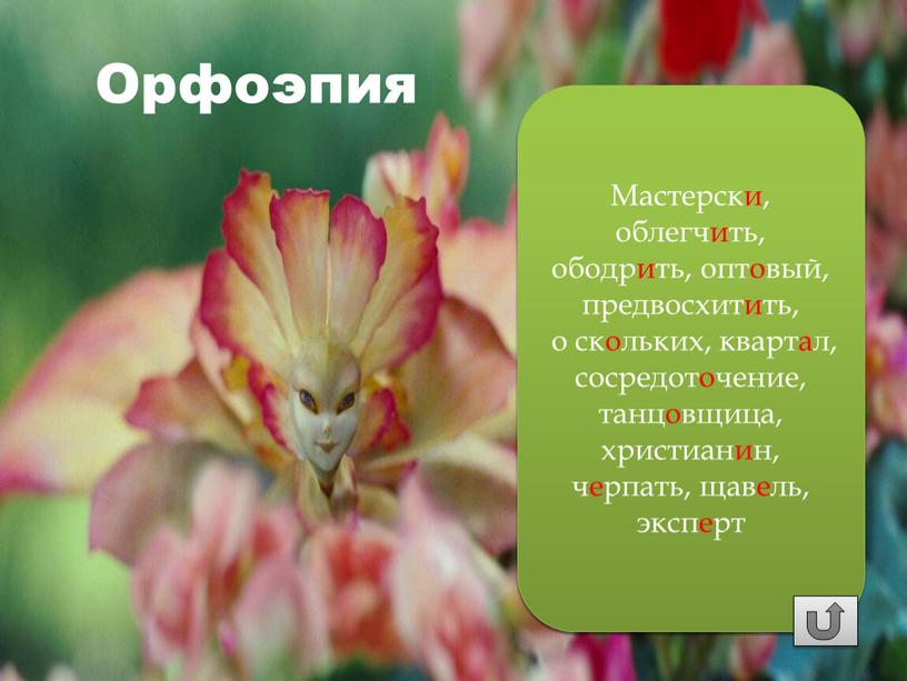 Орфоэпия Мастерски, облегчить, ободрить, оптовый, предвосхитить, о скольких, квартал, сосредоточение, танцовщица, христианин, черпать, щавель, эксперт