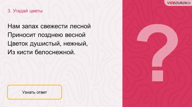 Угадай цветы Узнать ответ Нам запах свежести лесной