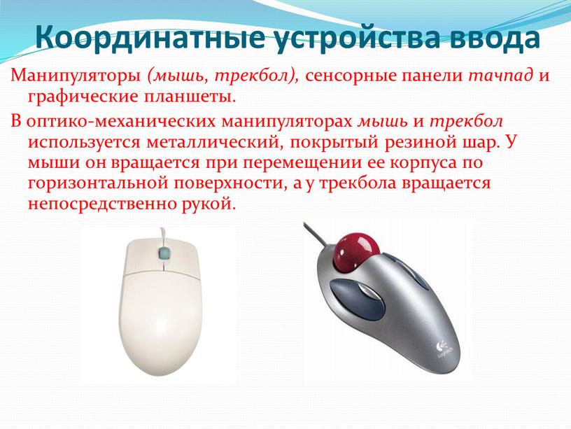 Координатные устройства ввода Манипуляторы (мышь , трекбол), сенсорные панели тачпад и графические планшеты
