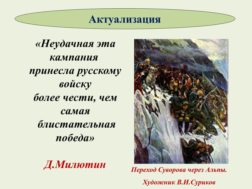 Актуализация «Неудачная эта кампания принесла русскому войску более чести, чем самая блистательная победа»