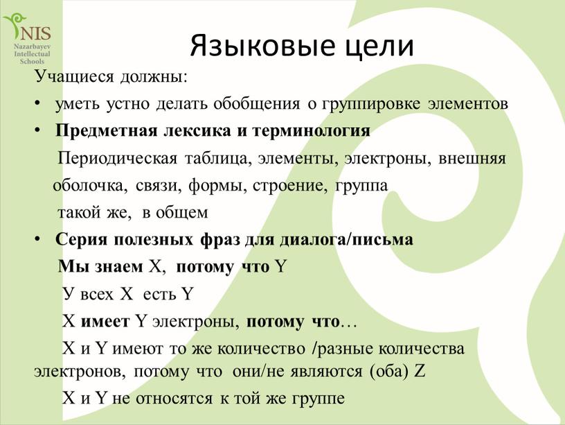 Языковые цели Учащиеся должны: уметь устно делать обобщения о группировке элементов