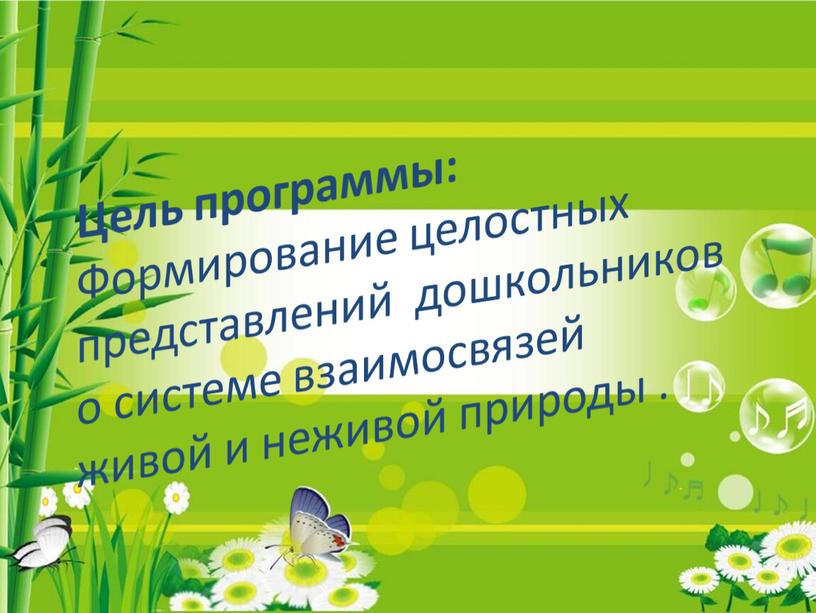 Цель программы: Формирование целостных представлений дошкольников о системе взаимосвязей живой и неживой природы