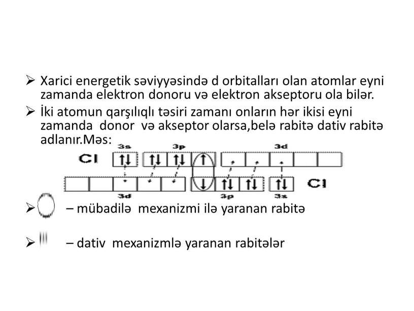 Xarici energetik səviyyəsində d orbitalları olan atomlar eyni zamanda elektron donoru və elektron akseptoru ola bilər