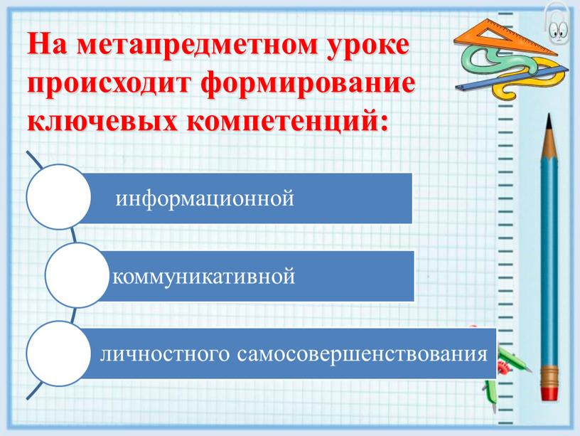 На метапредметном уроке происходит формирование ключевых компетенций: