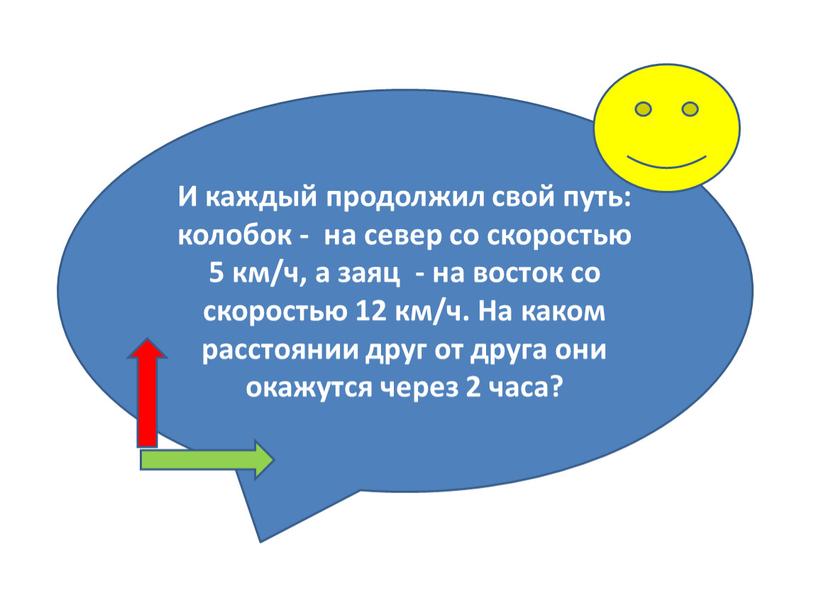 И каждый продолжил свой путь: колобок - на север со скоростью 5 км/ч, а заяц - на восток со скоростью 12 км/ч