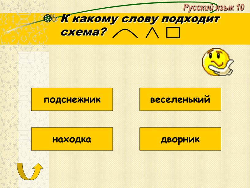 Русский язык 10 К какому слову подходит схема? подснежник веселенький находка дворник