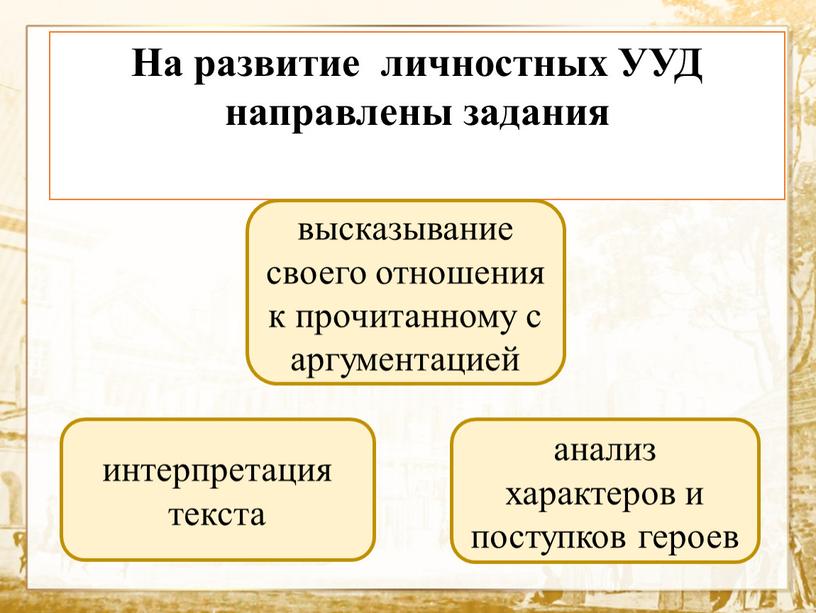 На развитие личностных УУД направлены задания интерпретация текста анализ характеров и поступков героев высказывание своего отношения к прочитанному с аргументацией