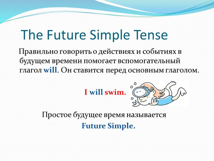 The Future Simple Tense Правильно говорить о действиях и событиях в будущем времени помогает вспомогательный глагол will