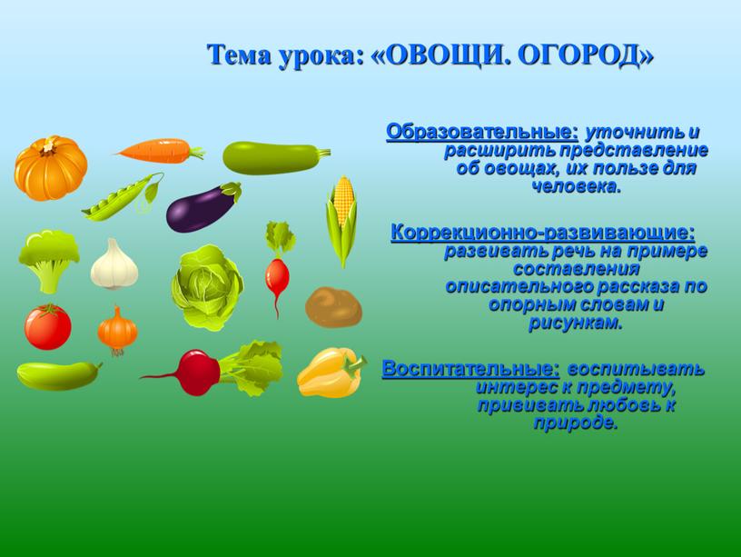 Тема урока: «ОВОЩИ. ОГОРОД» Образовательные: уточнить и расширить представление об овощах, их пользе для человека