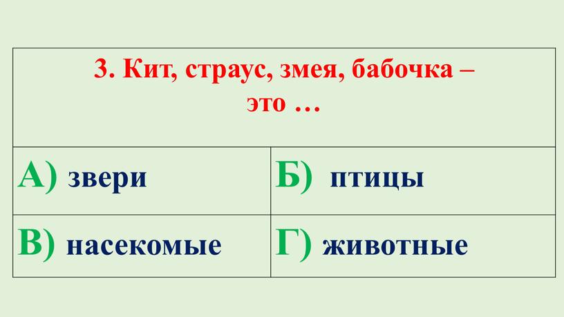 Кит, страус, змея, бабочка – это …