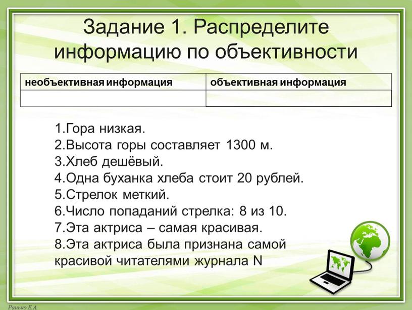 Задание 1. Распределите информацию по объективности необъективная информация объективная информация