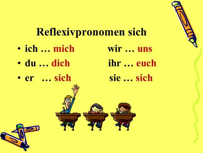 Reflexivpronomen sich ich … mich wir … uns du … dich ihr … euch er … sich sie … sich