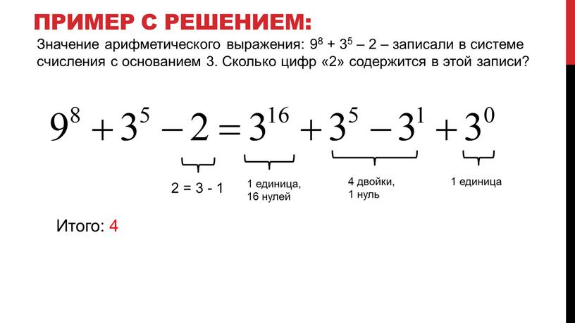 Пример с решением: 2 = 3 - 1 Итого: 4 4 двойки, 1 нуль 1 единица