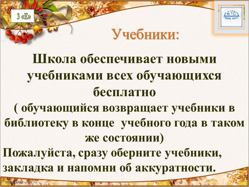 Учебники: Школа обеспечивает новыми учебниками всех обучающихся бесплатно ( обучающийся возвращает учебники в библиотеку в конце учебного года в таком же состоянии)