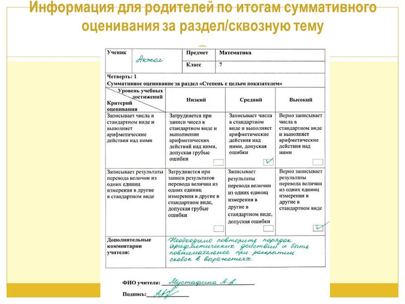 Информация для родителей по итогам суммативного оценивания за раздел/сквозную тему