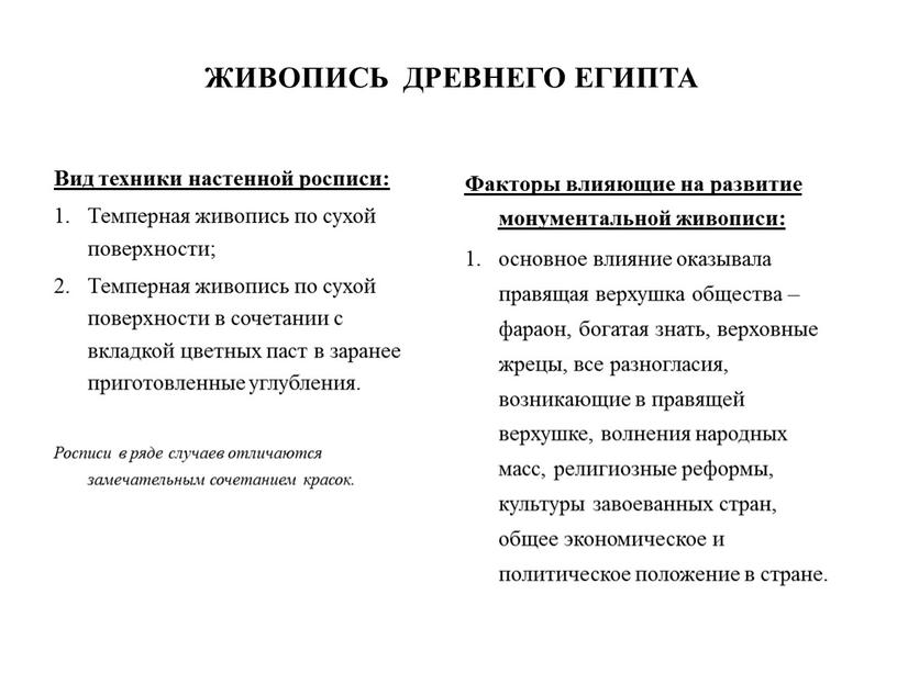 ЖИВОПИСЬ ДРЕВНЕГО ЕГИПТА Вид техники настенной росписи: