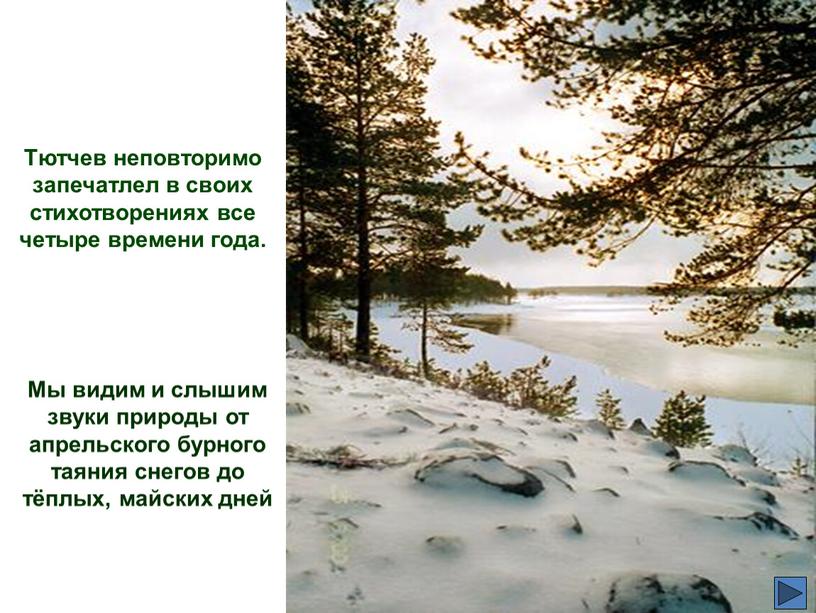 Мы видим и слышим звуки природы от апрельского бурного таяния снегов до тёплых, майских дней