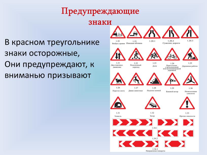 Предупреждающие знаки В красном треугольнике знаки осторожные,