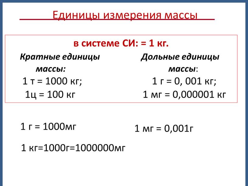 СИ: = 1 кг. Кратные единицы