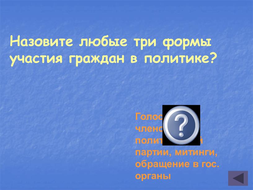 Назовите любые три формы участия граждан в политике?