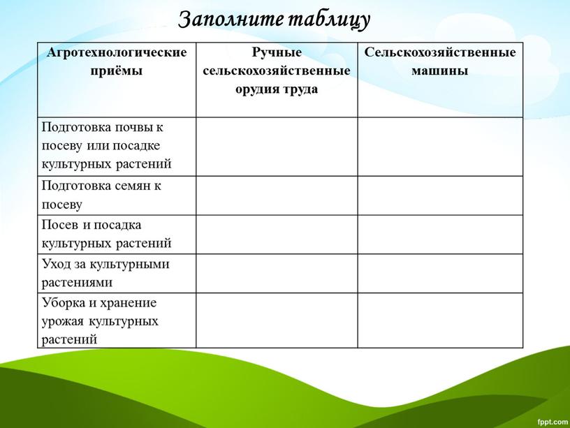 Агротехнологические приёмы Ручные сельскохозяйственные орудия труда