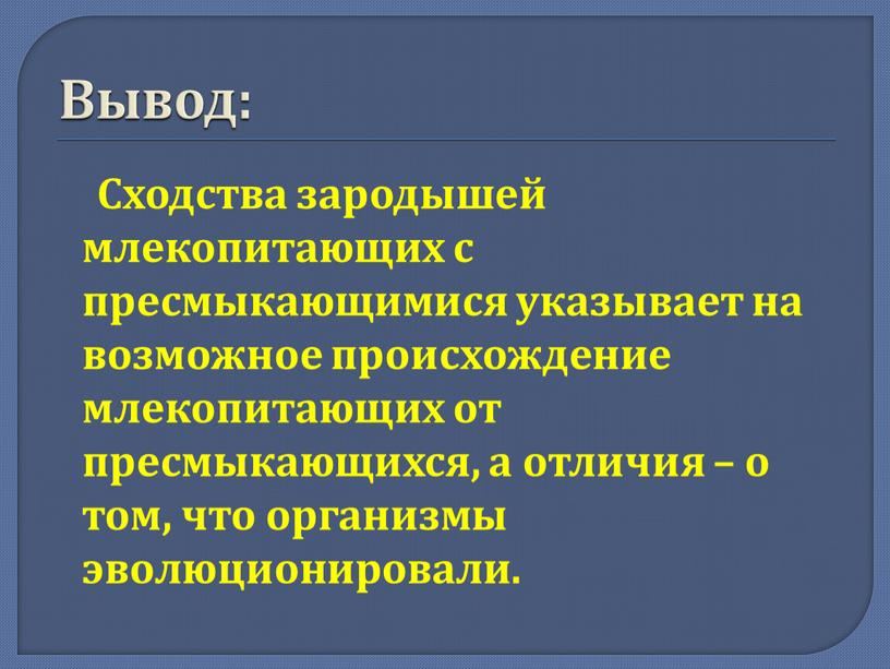 Вывод: Сходства зародышей млекопитающих с пресмыкающимися указывает на возможное происхождение млекопитающих от пресмыкающихся, а отличия – о том, что организмы эволюционировали