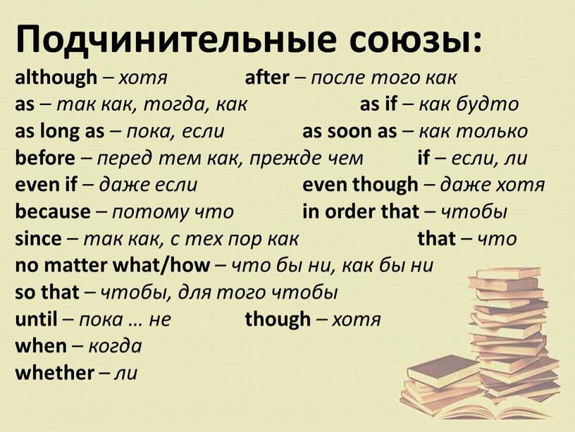 Подчинительные союзы: although – хотя after – после того как as – так как, тогда, как as if – как будто as long as –…