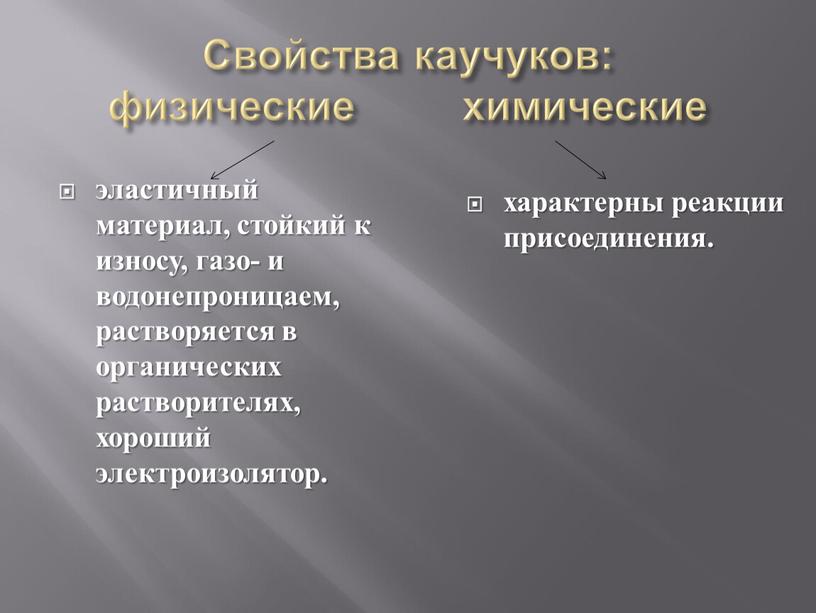 Свойства каучуков: физические химические эластичный материал, стойкий к износу, газо- и водонепроницаем, растворяется в органических растворителях, хороший электроизолятор