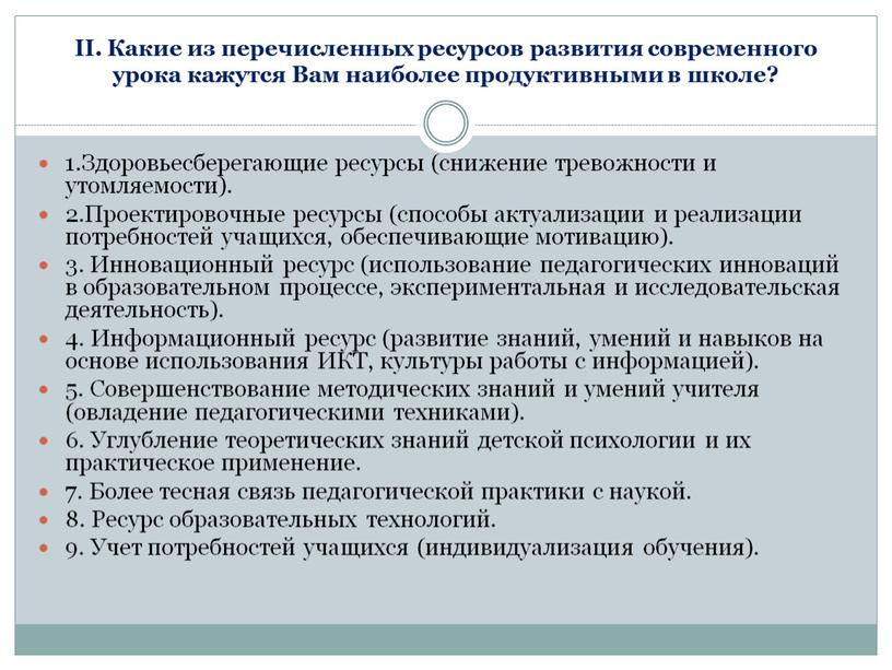 Какие из перечисленных ресурсов развития современного урока кажутся