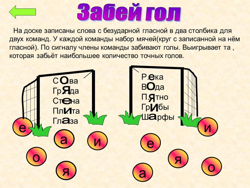 На доске записаны слова с безударной гласной в два столбика для двух команд