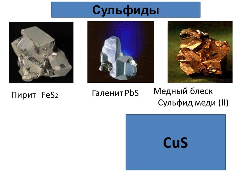 Галенит PbS Пирит FeS2 Медный блеск