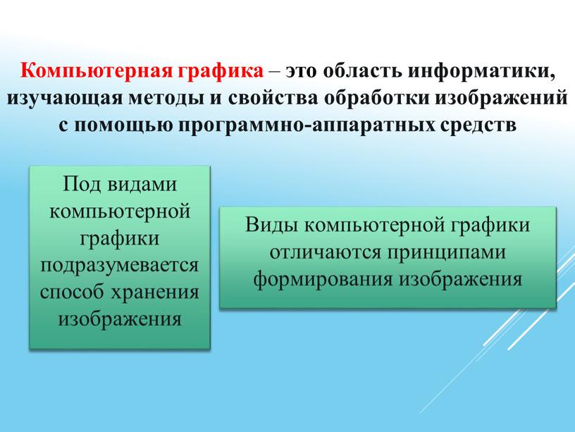 Под видами компьютерной графики подразумевается способ хранения изображения