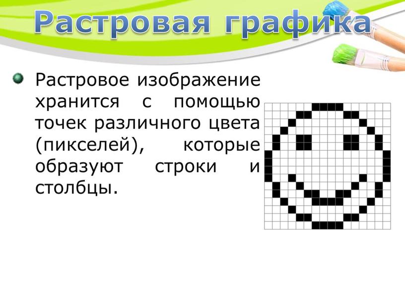 Растровая графика Растровое изображение хранится с помощью точек различного цвета (пикселей), которые образуют строки и столбцы