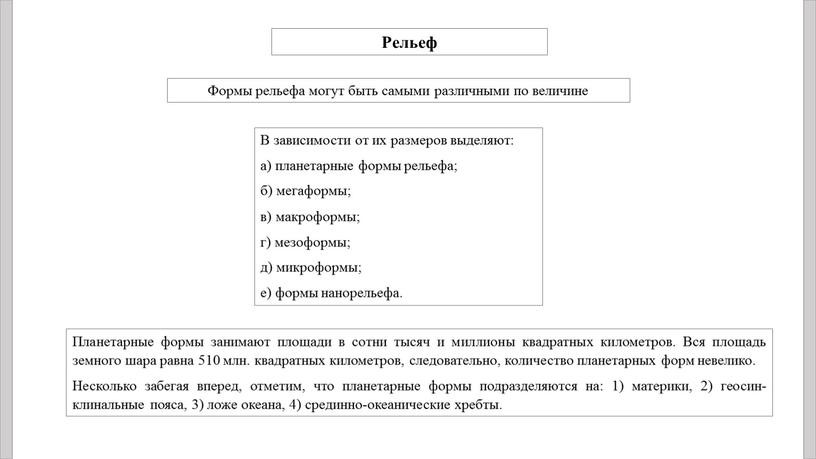 Рельеф В зависимости от их размеров выделяют: а) планетарные формы рельефа; б) мегаформы; в) макроформы; г) мезоформы; д) микро­формы; е) формы нанорельефа