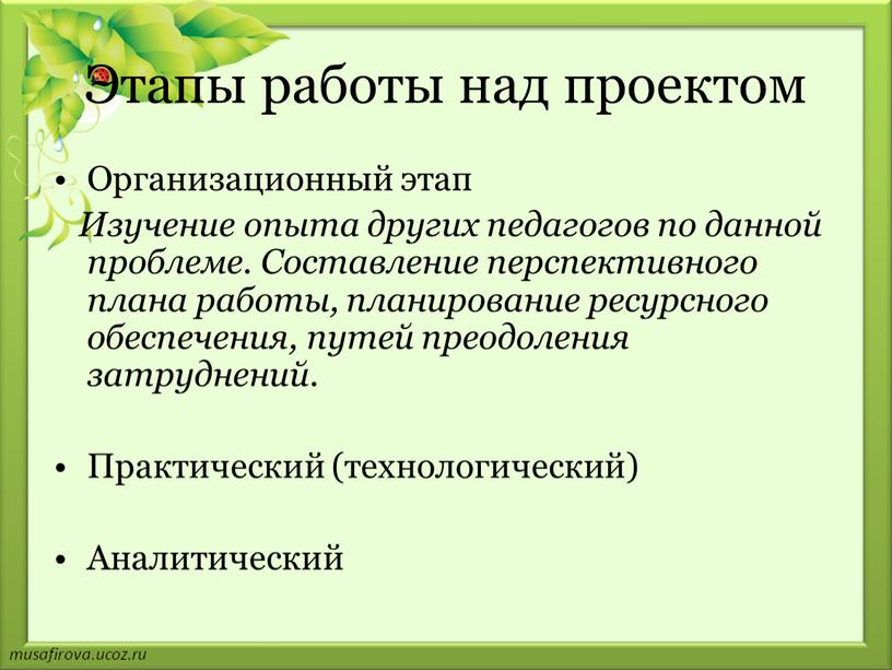 Этапы работы над проектом Организационный этап