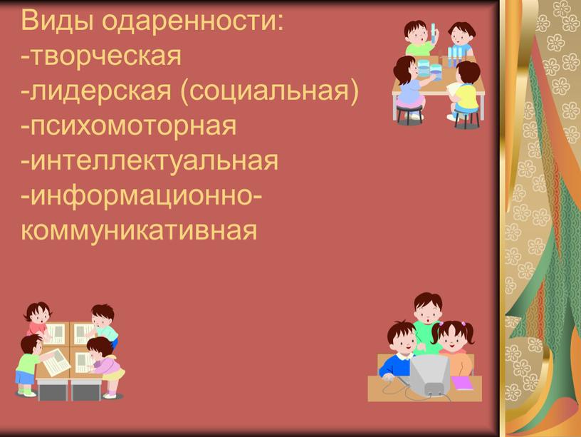 Виды одаренности: -творческая -лидерская (социальная) -психомоторная -интеллектуальная -информационно-коммуникативная