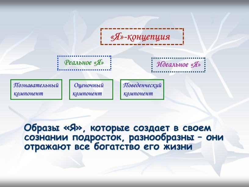 Образы «Я», которые создает в своем сознании подросток, разнообразны – они отражают все богатство его жизни «Я»-концепция