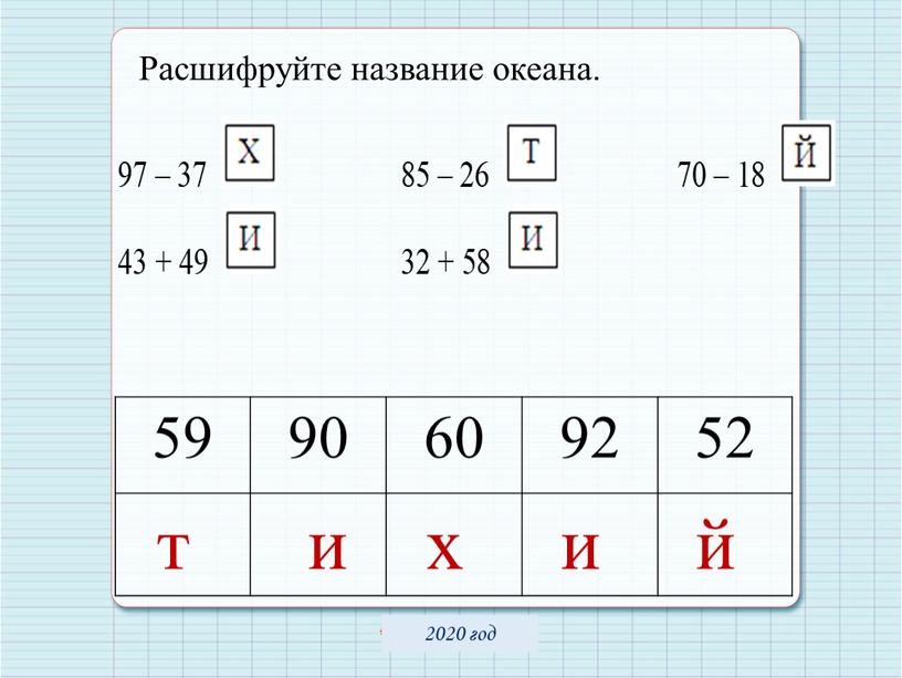 Расшифруйте название океана. 59 90 60 92 52 т и х и й