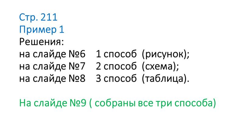 Стр. 211 Пример 1 Решения: на слайде №6 1 способ (рисунок); на слайде №7 2 способ (схема); на слайде №8 3 способ (таблица)