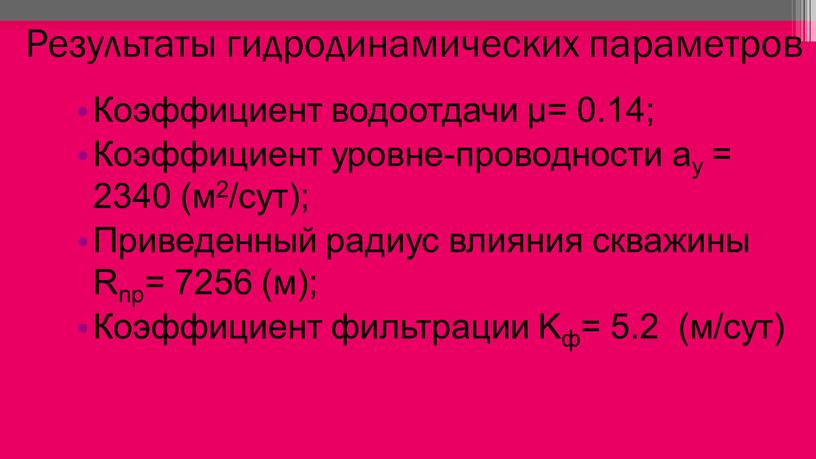 Результаты гидродинамических параметров