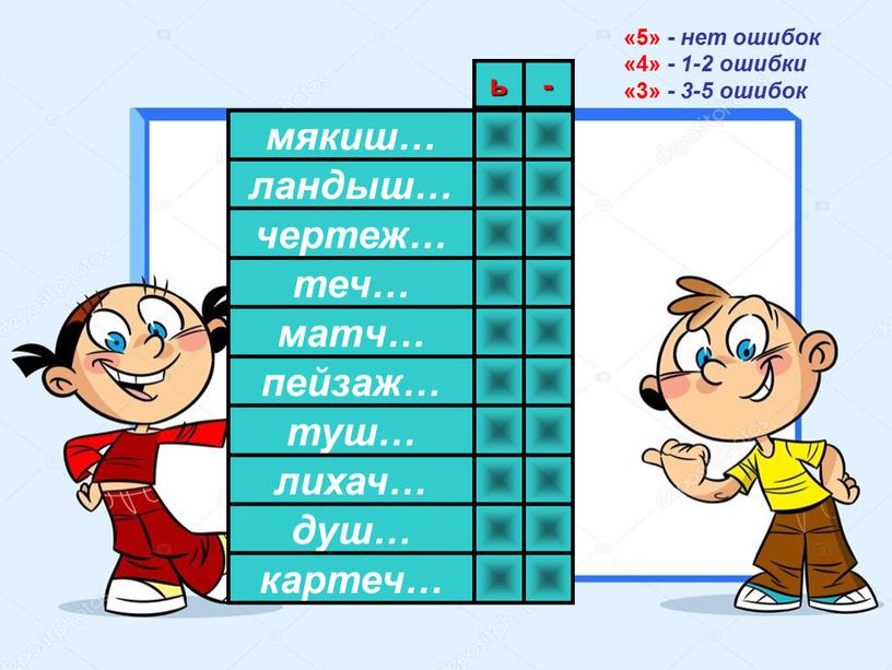 Конструктор слайда «5» - нет ошибок «4» - 1-2 ошибки «3» - 3-5 ошибок мякиш… ландыш… чертеж… теч… матч… пейзаж… туш… лихач… душ… картеч… ь…