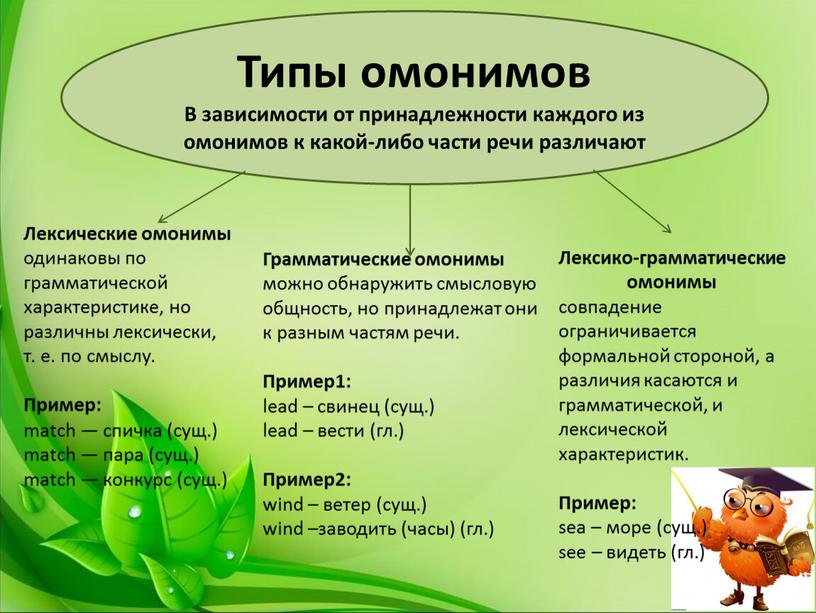 Типы омонимов В зависимости от принадлежности каждого из омонимов к какой-либо части речи различают