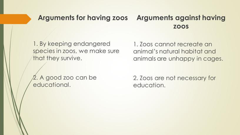 Arguments for having zoos 1. By keeping endangered species in zoos, we make sure that they survive