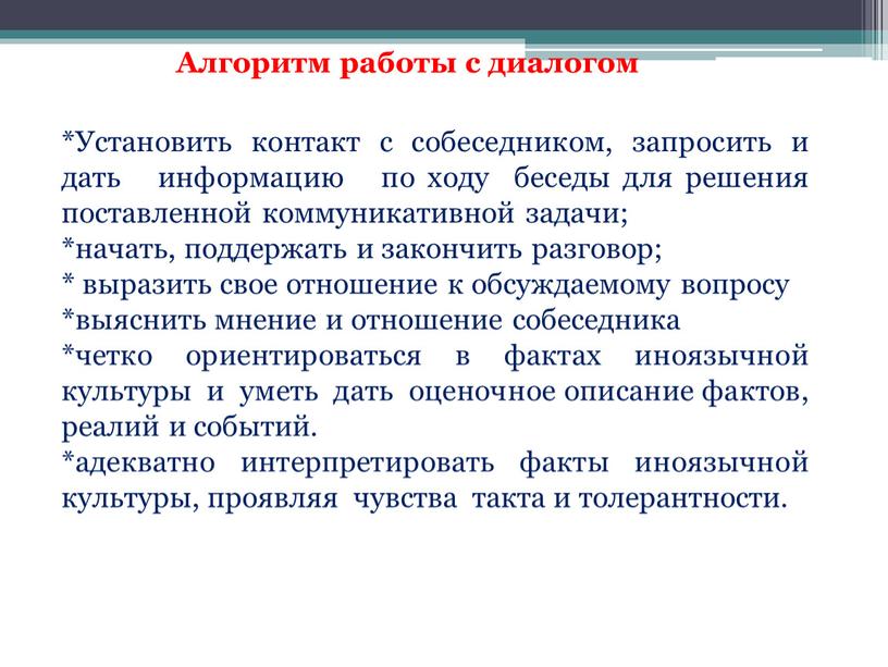 Алгоритм работы с диалогом *Установить контакт с собеседником, запросить и дать информацию по ходу беседы для решения поставленной коммуникативной задачи; *начать, поддержать и закончить разговор;…