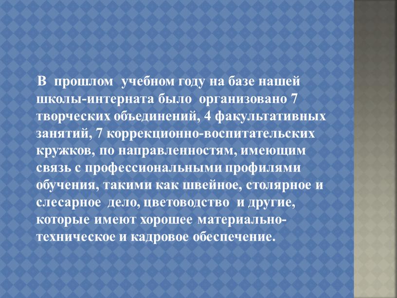 В прошлом учебном году на базе нашей школы-интерната было организовано 7 творческих объединений, 4 факультативных занятий, 7 коррекционно-воспитательских кружков, по направленностям, имеющим связь с профессиональными…