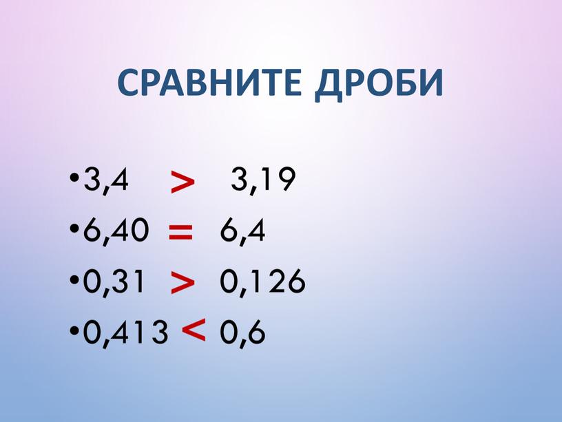 Сравните дроби 3,4 3,19 6,40 6,4 0,31 0,126 0,413 0,6 > = > <